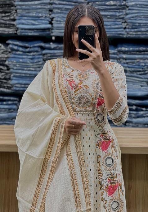 White Printed Cotton Kurta Set