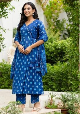 Blue Printed Cotton Kurta Set
