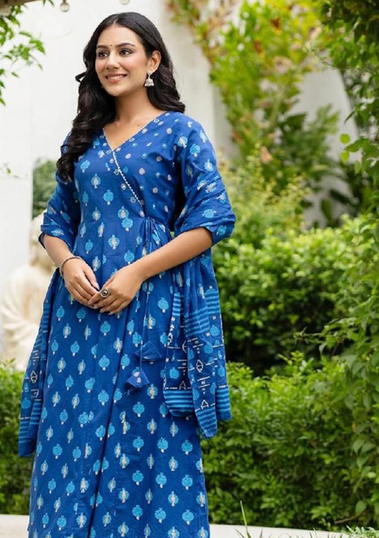 Blue Printed Cotton Kurta Set - Indya