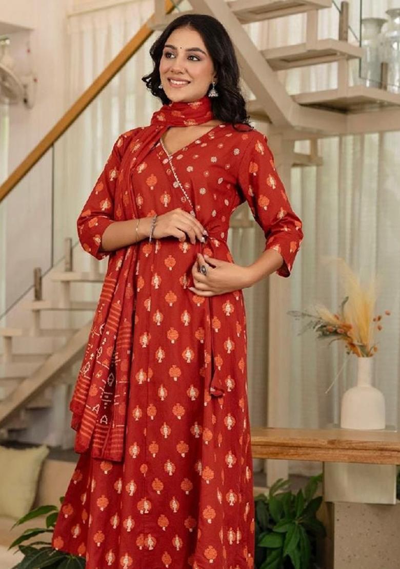 Orange Printed Cotton Kurta Set - Indya