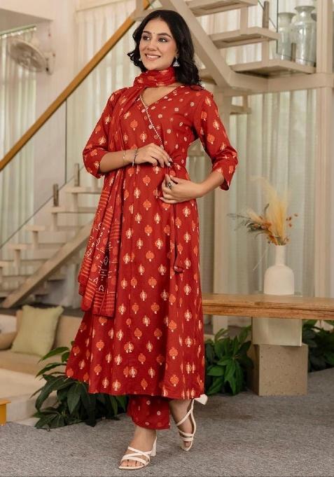 Orange Printed Cotton Kurta Set