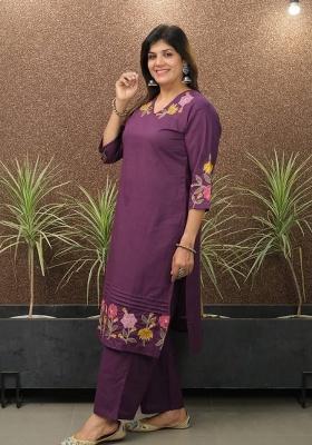 Purple Printed Cotton Kurta Set