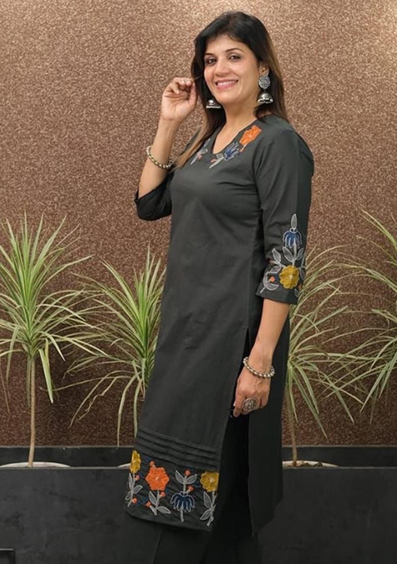 Black Printed Cotton Kurta Set - Indya
