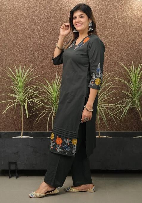 Black Printed Cotton Kurta Set