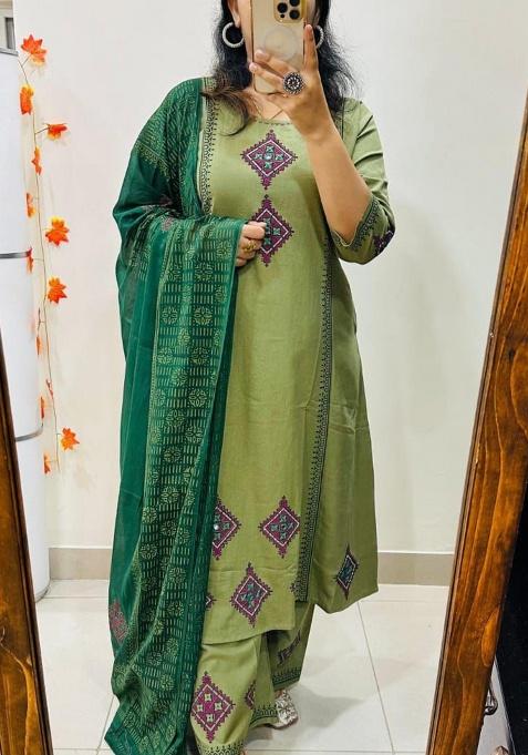 Green Printed Cotton Kurta Set