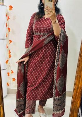 Red Printed Cotton Kurta Set
