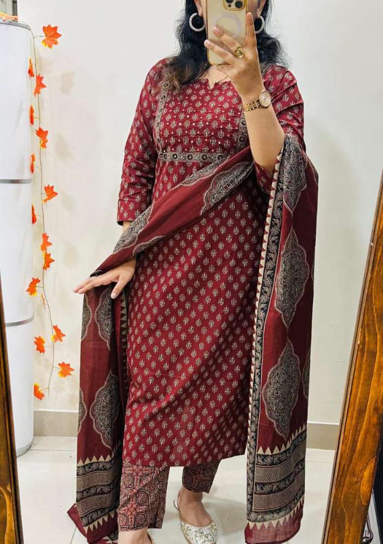 Red Printed Cotton Straight Kurta Set - Indya