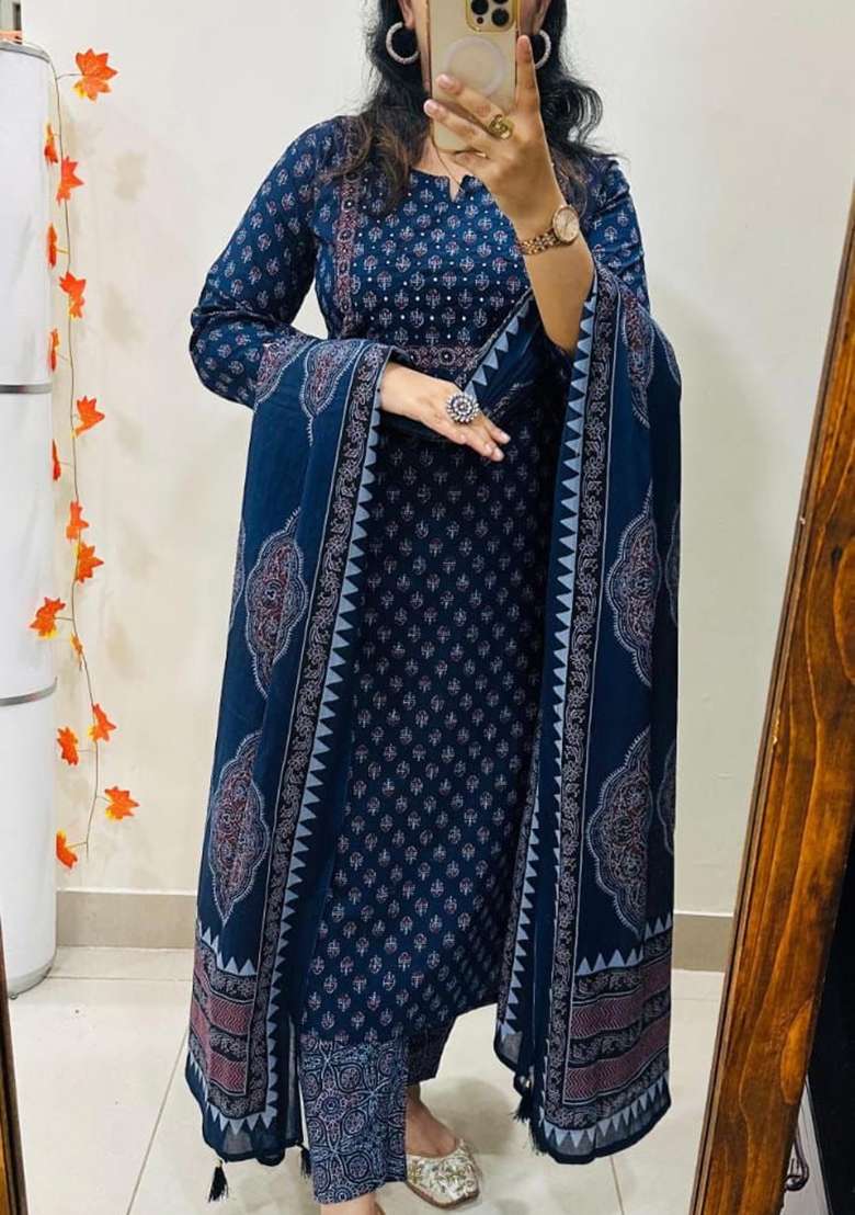 Blue Printed Cotton Straight Kurta Set - Indya
