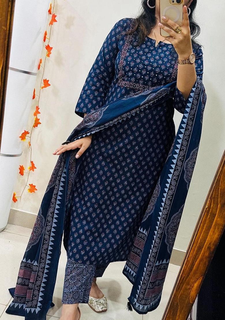 Blue Printed Cotton Kurta Set - Indya