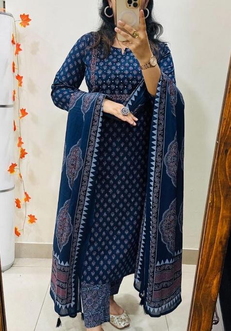 Blue Printed Cotton Kurta Set