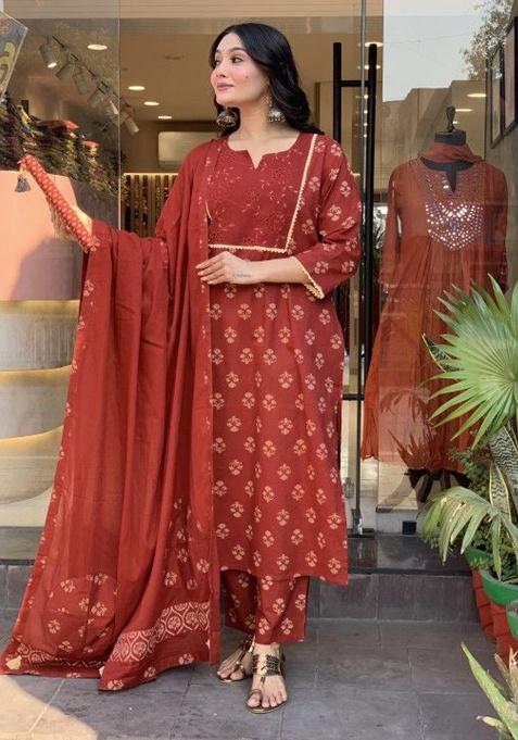 Rust Printed Cotton Kurta Set