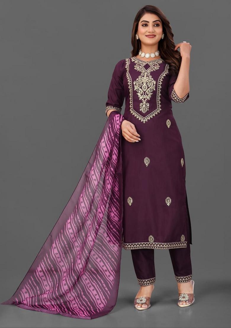 Purple Embroidered Cotton Blend Kurta Set - Indya