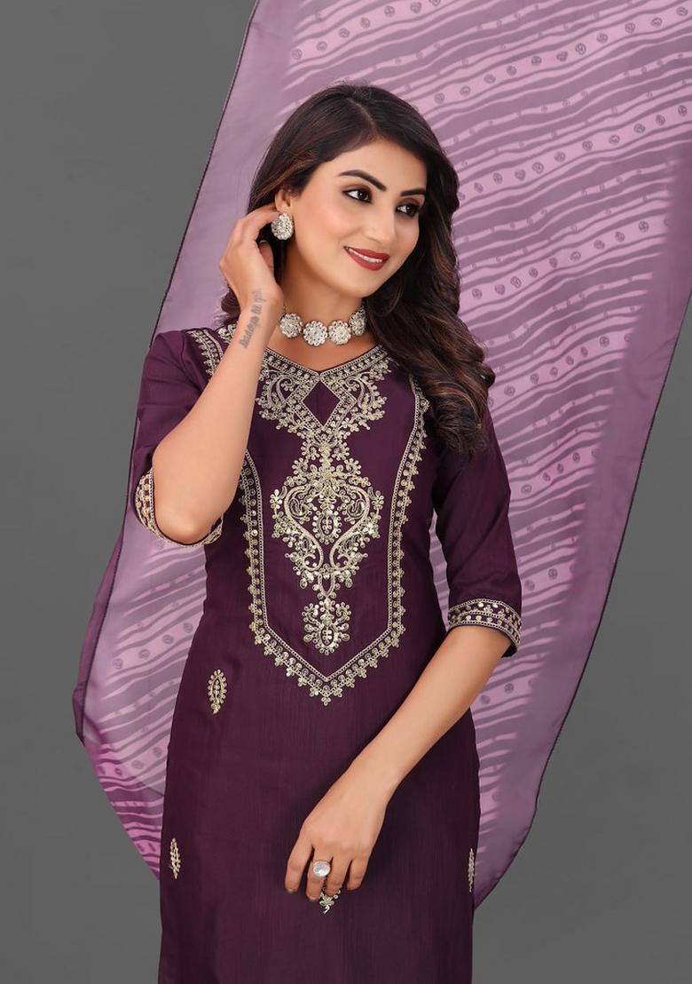 Purple Embroidered Cotton Blend Kurta Set - Indya