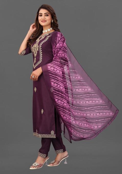Purple Embroidered Cotton Blend Kurta Set