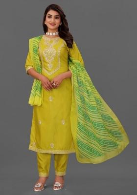 Lemon Yellow Embroidered Cotton Blend Kurta Set