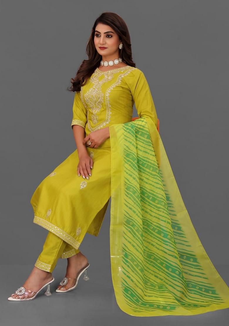 Lemon Yellow Embroidered Cotton Blend Kurta Set - Indya