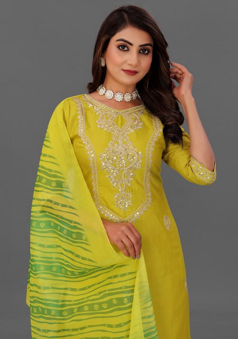 Lemon Yellow Embroidered Cotton Blend Kurta Set - Indya