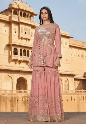 Pink Embroidered Georgette Sharara Set
