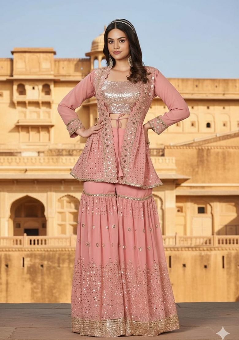 Pink Embroidered Georgette Sharara Set - Indya