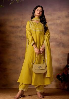 Yellow Embroidered Silk Kurta Set
