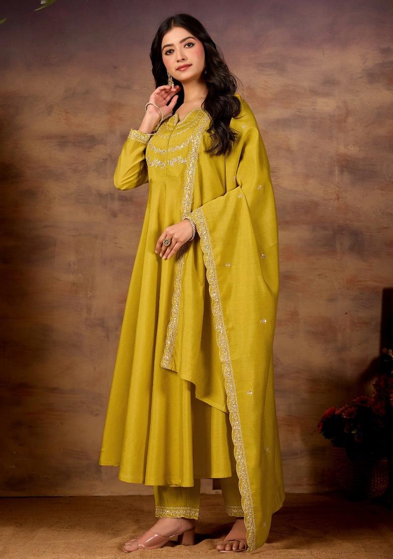 Yellow Embroidered Silk Kurta Set - Indya