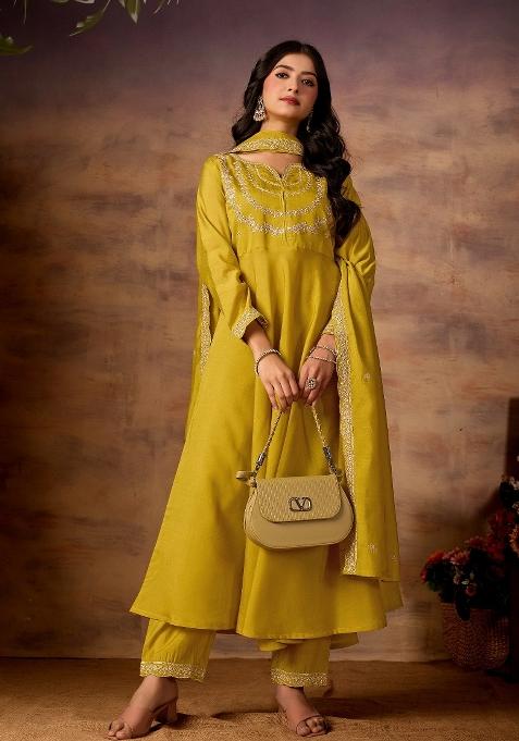 Yellow Embroidered Silk Kurta Set