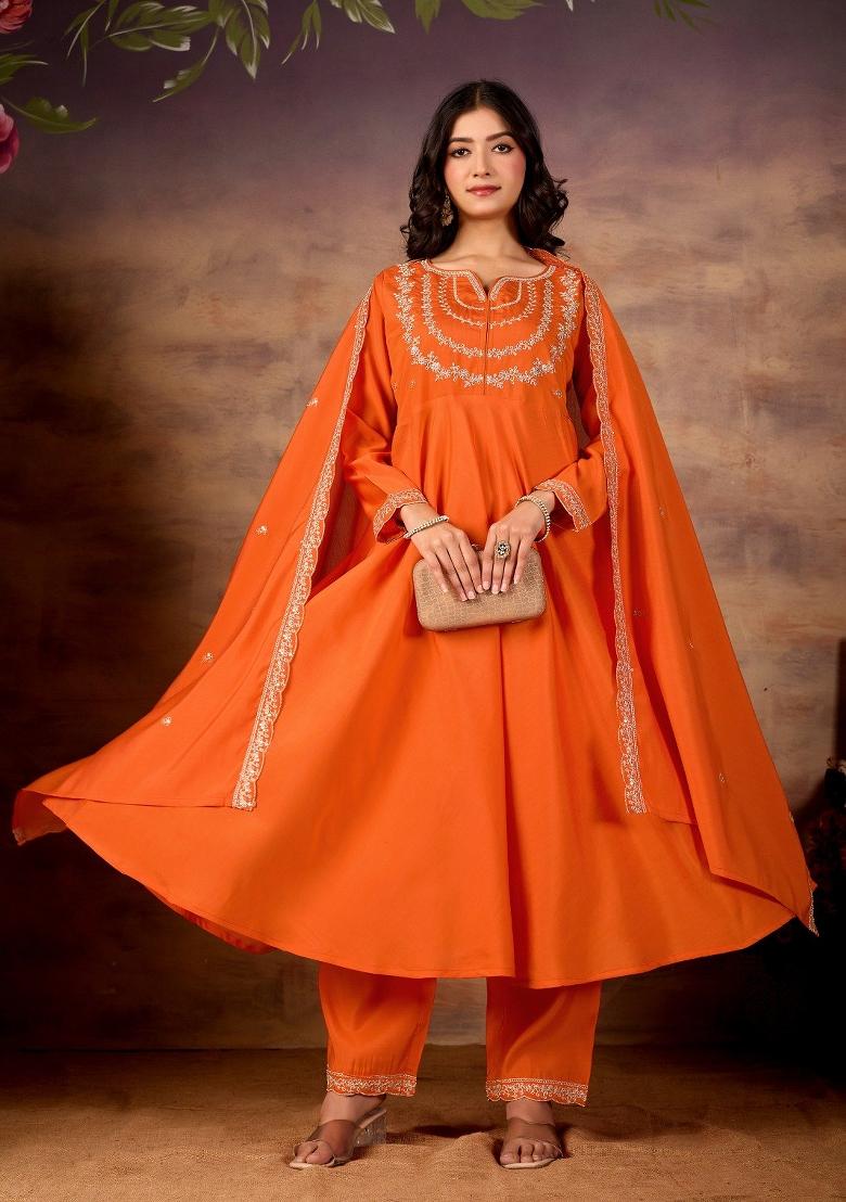 Orange Embroidered Silk Kurta Set - Indya