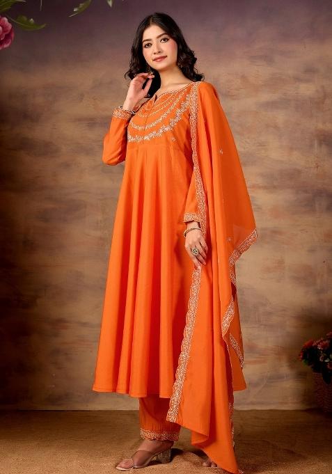 Orange Embroidered Silk Kurta Set