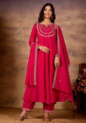 Rani Pink Embroidered Silk Kurta Set