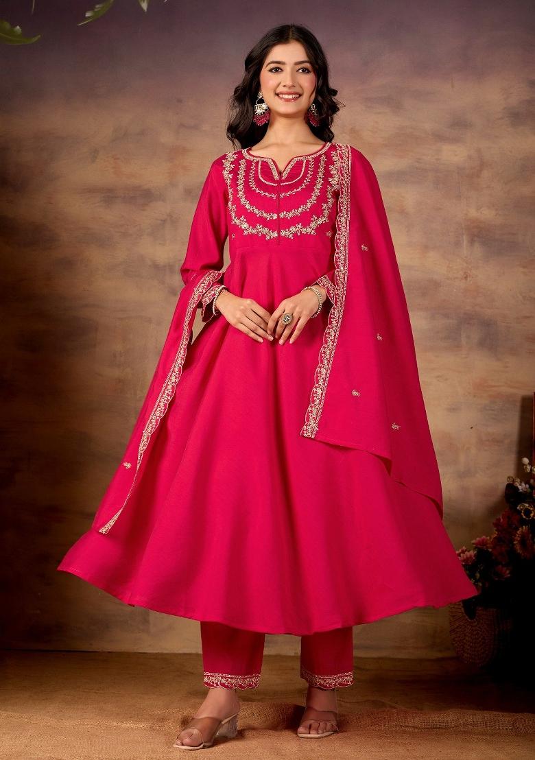 Rani Pink Embroidered Silk Kurta Set - Indya