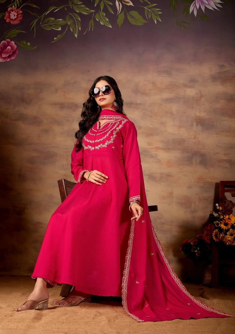 Rani Pink Embroidered Silk Kurta Set - Indya