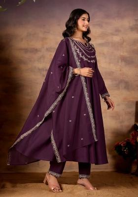 Purple Embroidered Silk Kurta Set