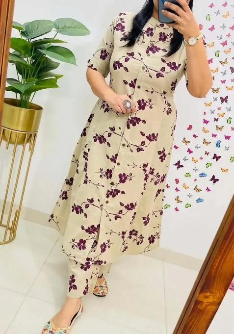 Purple Printed Cotton Blend Kurta Set