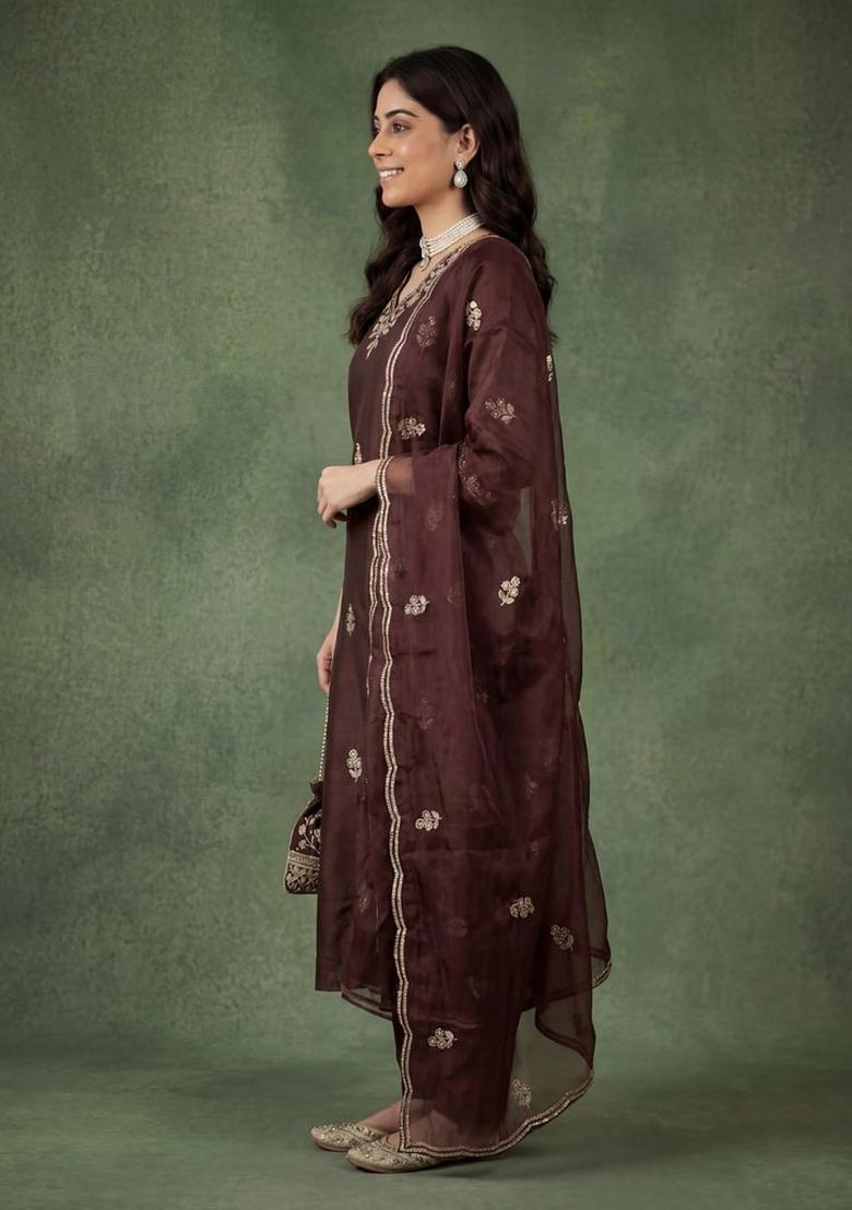 Brown Embroidered Cotton Blend Kurta Set - Indya