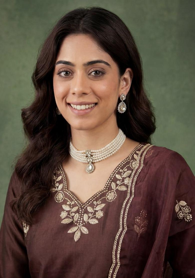 Brown Embroidered Cotton Blend Kurta Set - Indya