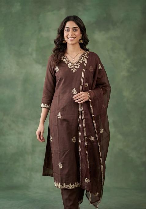 Brown Embroidered Cotton Blend Kurta Set
