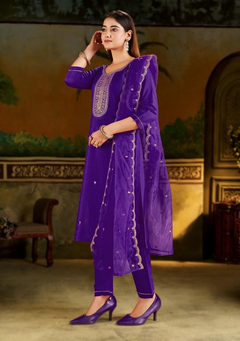 Purple Embroidered Silk Blend Kurta Set - Indya