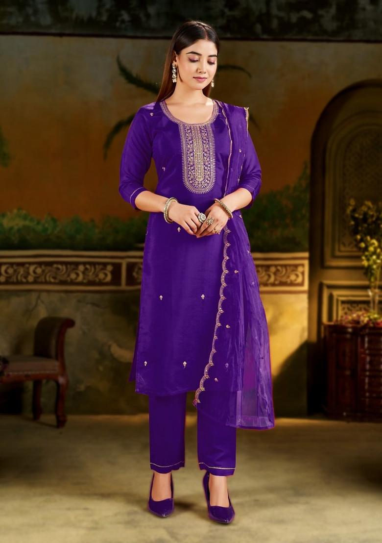 Purple Embroidered Silk Blend Kurta Set - Indya