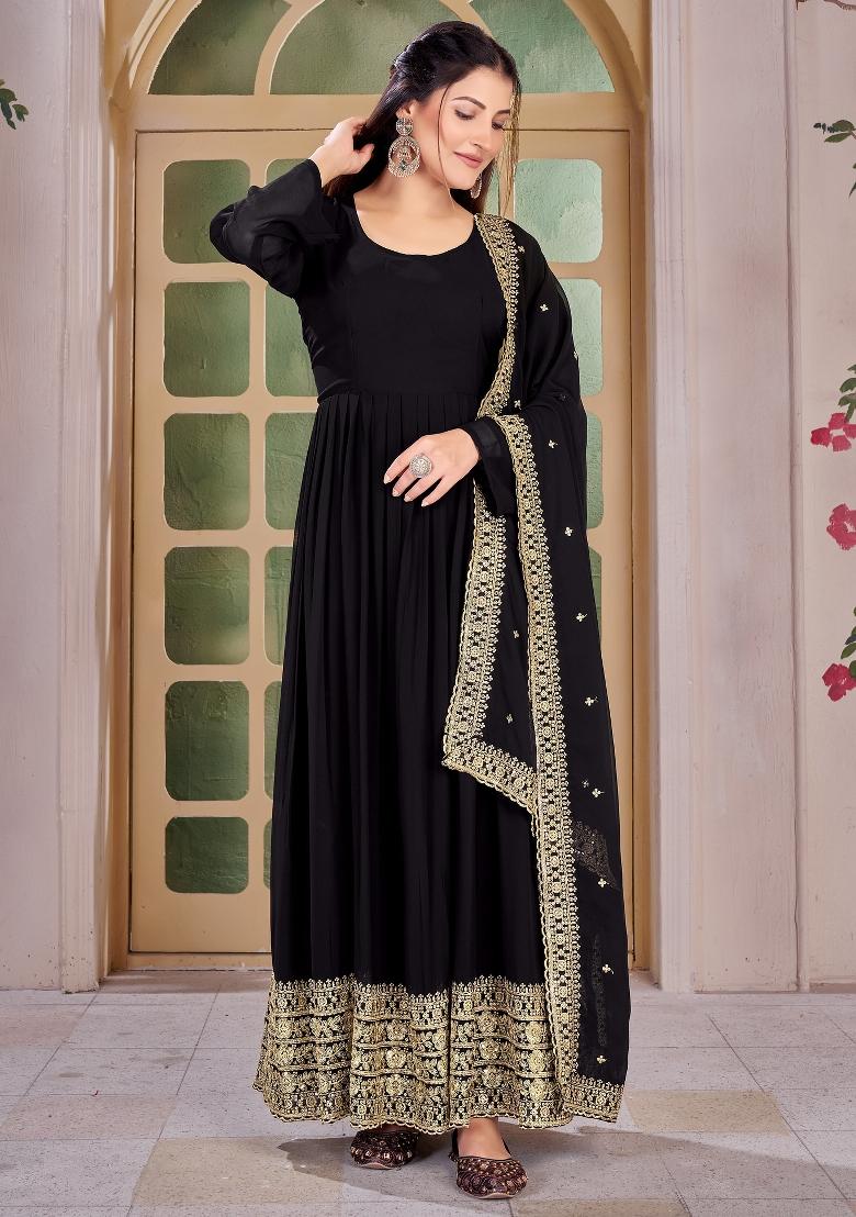 Black Embroidered Georgette Kurta Set - Indya