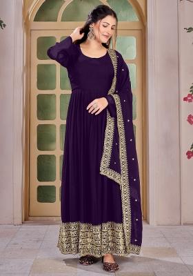 Purple Embroidered Georgette Kurta Set