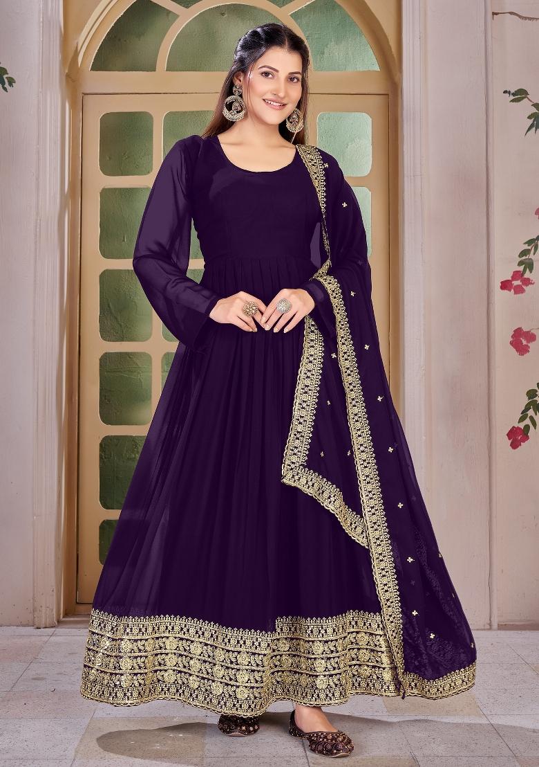 Purple Embroidered Georgette Kurta Set - Indya