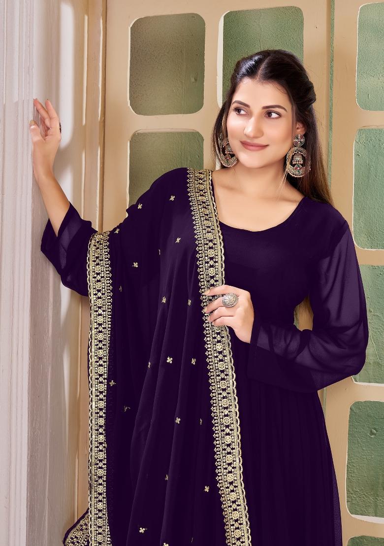 Purple Embroidered Georgette Kurta Set - Indya