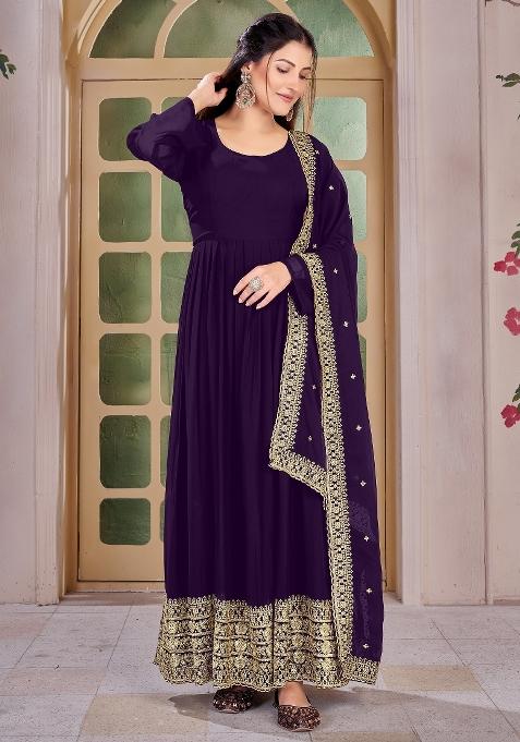 Purple Embroidered Georgette Kurta Set