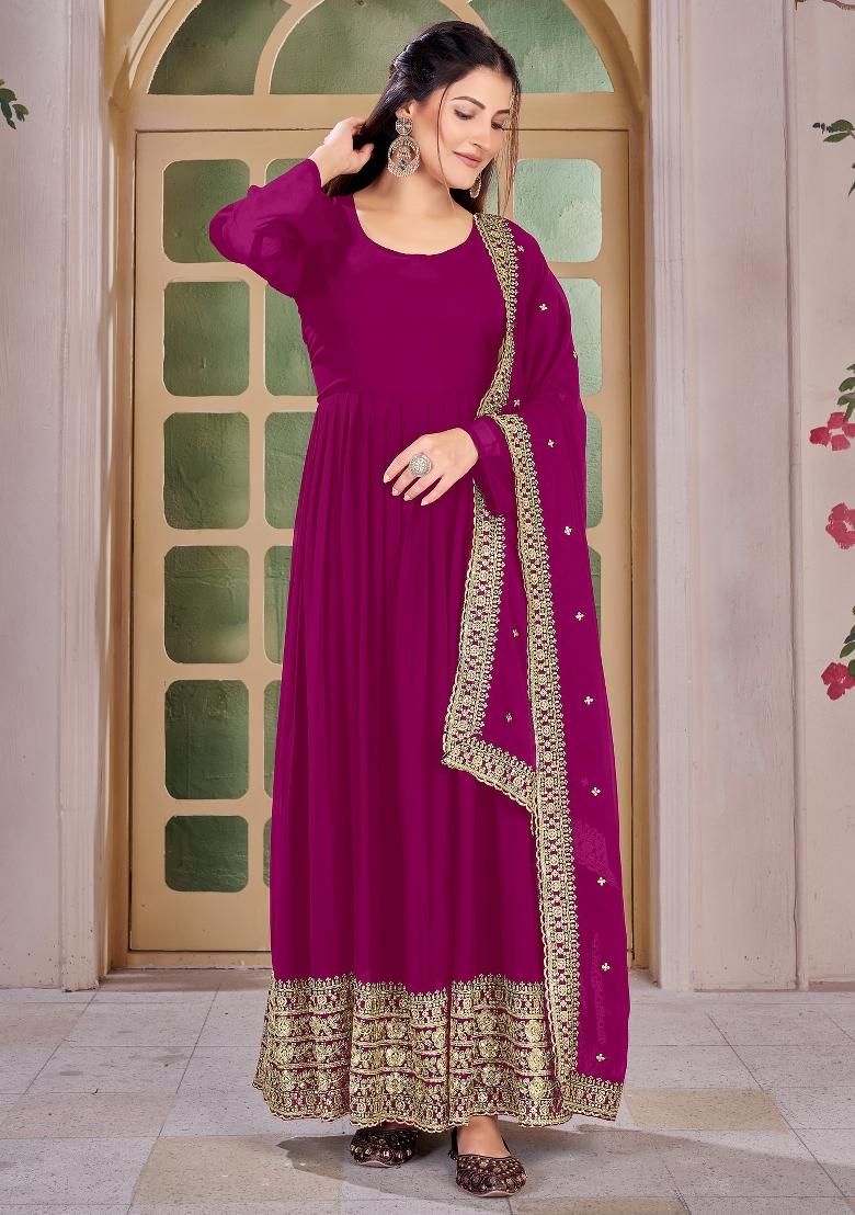 Rani Pink Embroidered Georgette Kurta Set - Indya