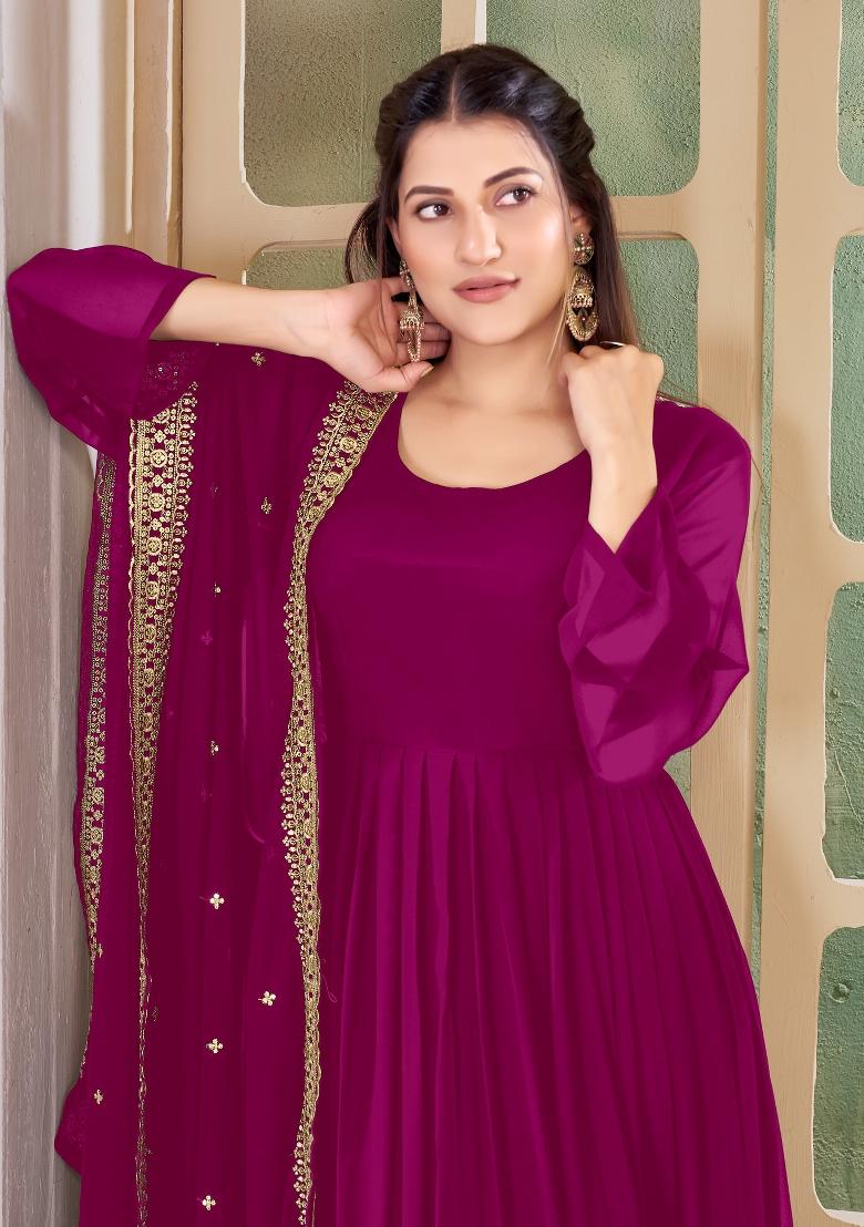 Rani Pink Embroidered Georgette Kurta Set - Indya