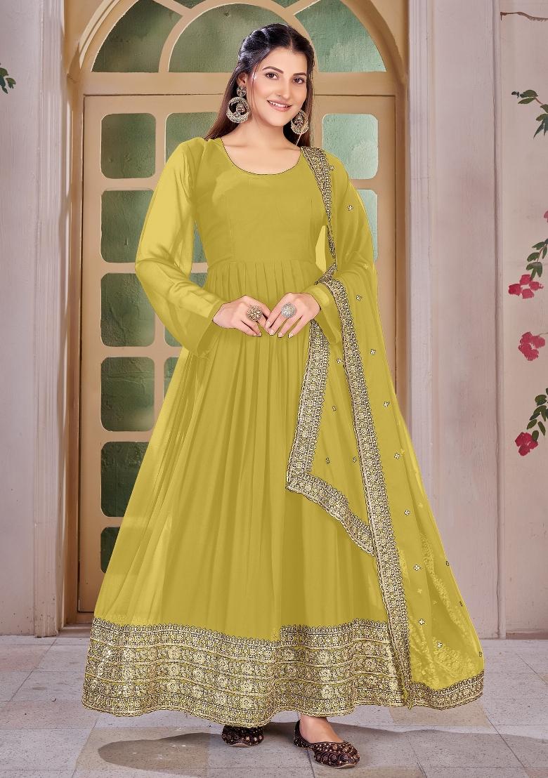 Yellow Embroidered Georgette Kurta Set - Indya