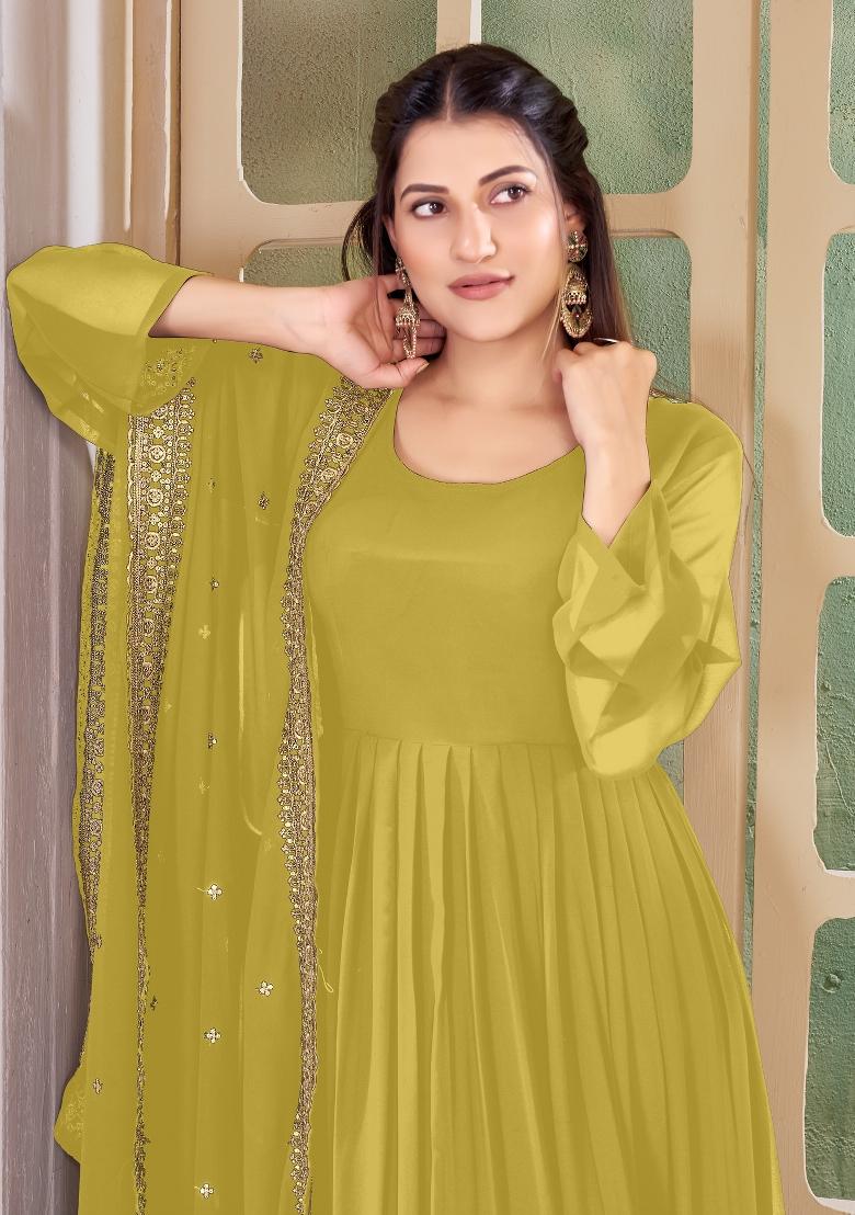 Yellow Embroidered Georgette Kurta Set - Indya