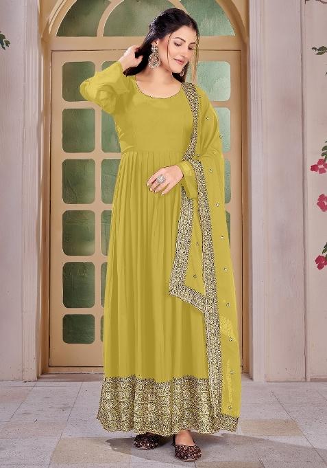 Yellow Embroidered Georgette Kurta Set