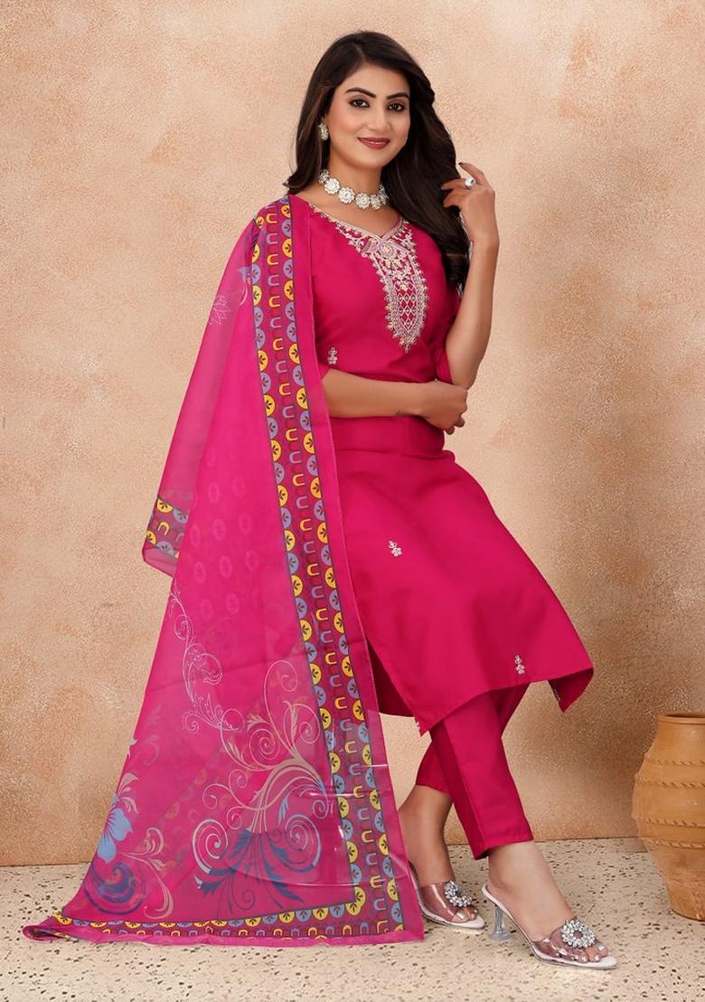 Rani Pink Embroidered Cotton Blend Kurta Set - Indya
