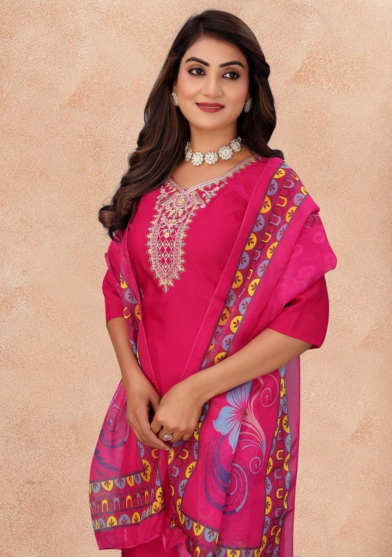 Rani Pink Embroidered Cotton Blend Kurta Set - Indya